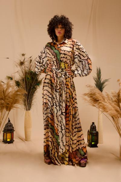 Kırık Renkli Halkalı Kuşaklı Elbise