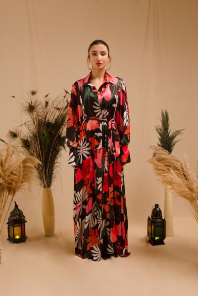 Kırmızı Çiçek Sepeti Kuşaklı Elbise