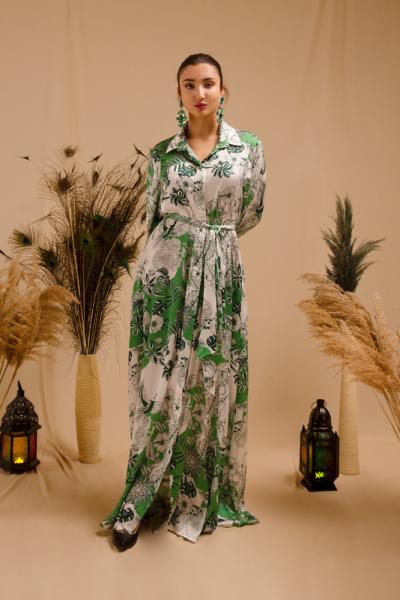 Yaprak Desenli Zümrüt Yeşili Kuşaklı Elbise