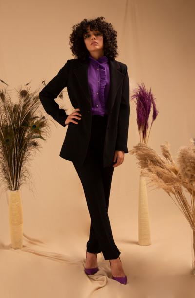 Mor Biyeli Siyah Pantolon